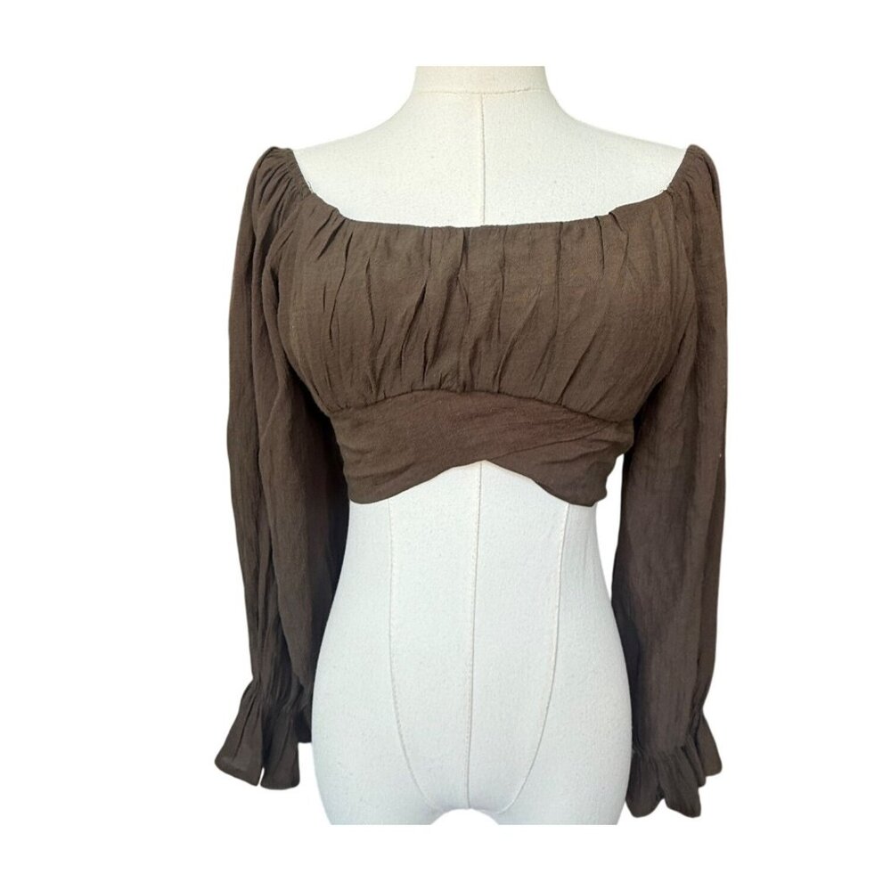 Boutique Boho Puff Long Sleeve Tie Wrap Crop Top Sz S Mocha Mousse Indie Sleaze
